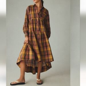 Anthropologie Long Sleeve Tiered High Low Dress Small Petite Brown Yellow Plaid